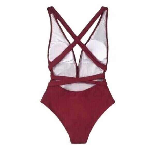 Cupshe Women One Piece Swimsuit Medium Red V-Neck Crisscross Back High Waist - Picture 5 of 9